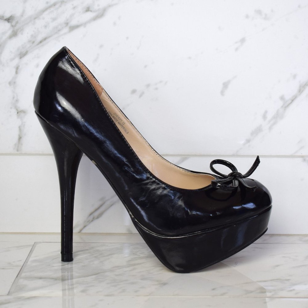 Shiny Black Bow Platform High Heels NIB
